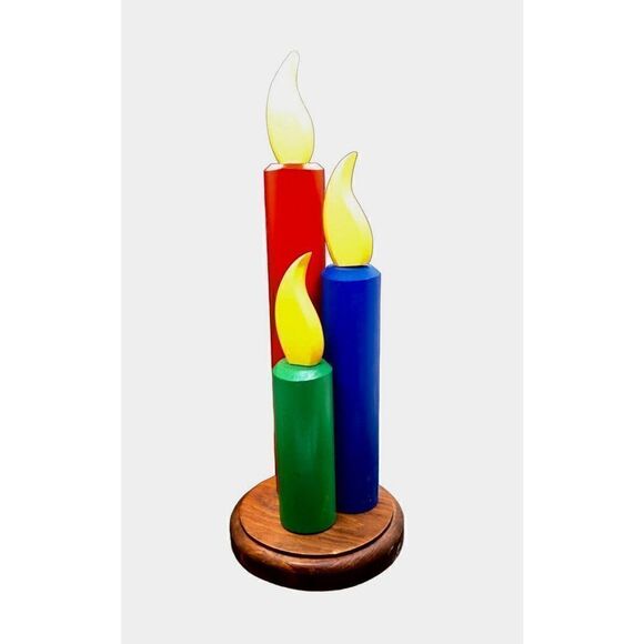 Wooden Candle Decor Red Green and Blue with Yellow Flame - Picture 1 of 16